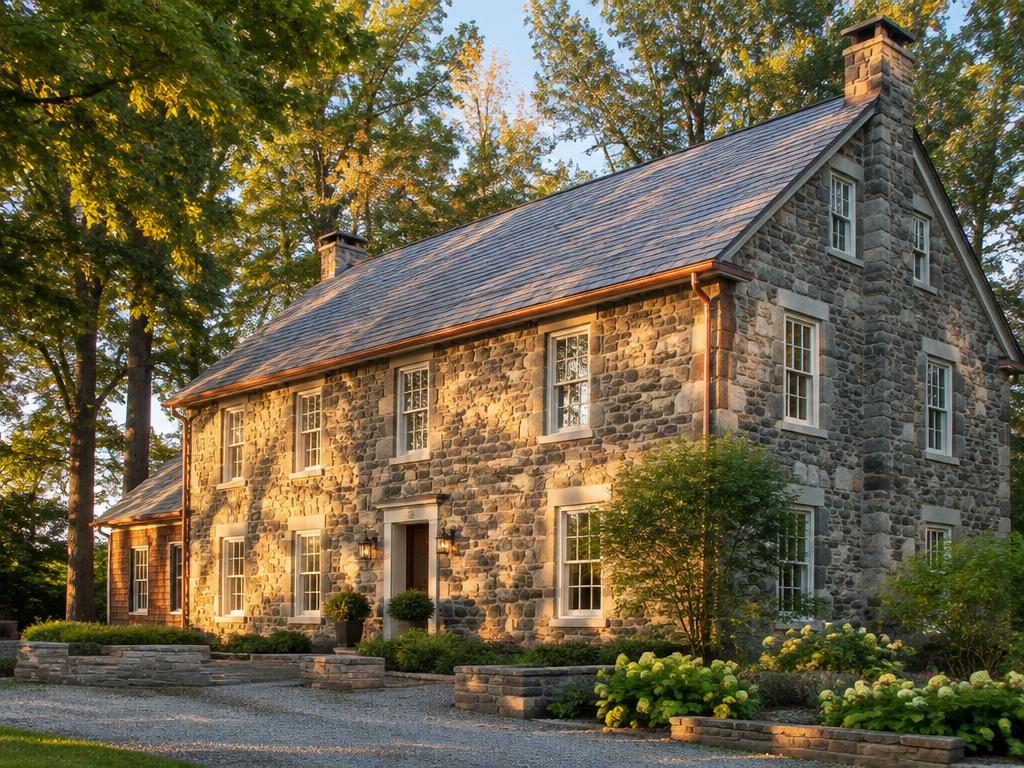 Restored 1800s stone farmhouse with a new slate roof and copper gutters