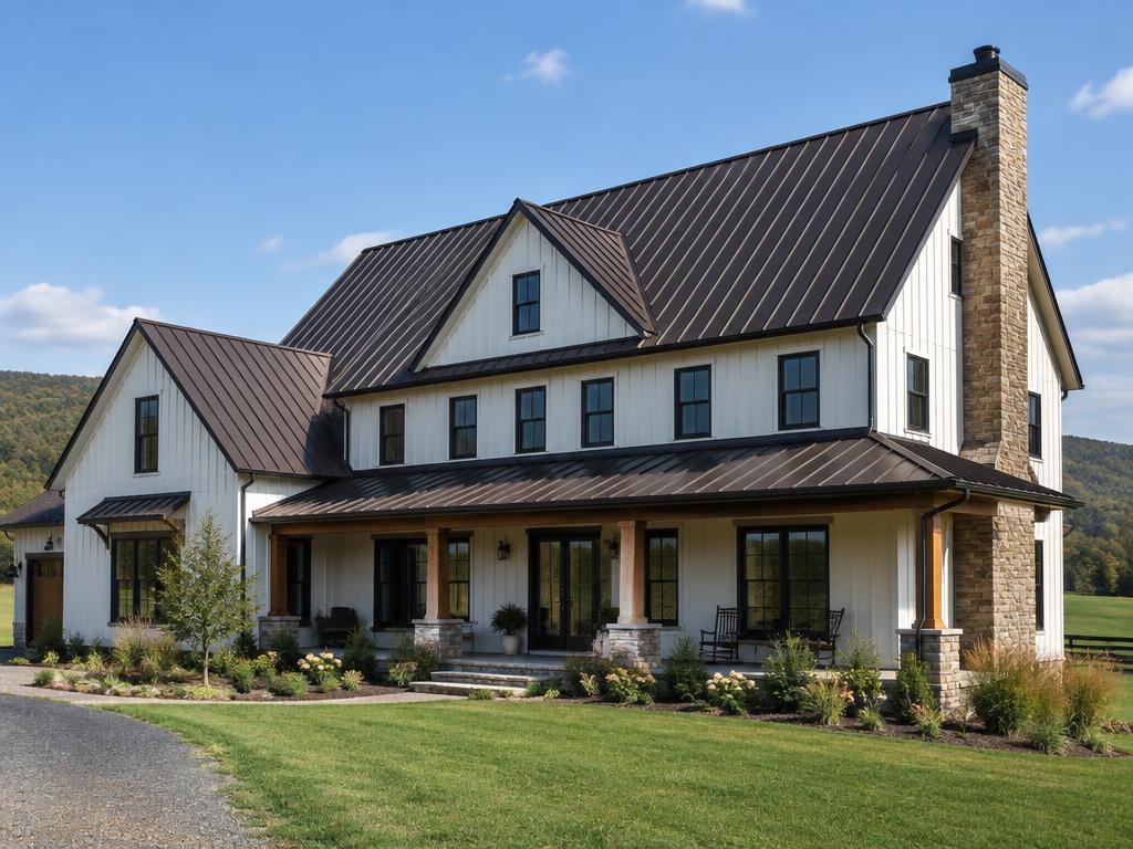 Dark bronze standing seam metal roof on a modern farmhouse