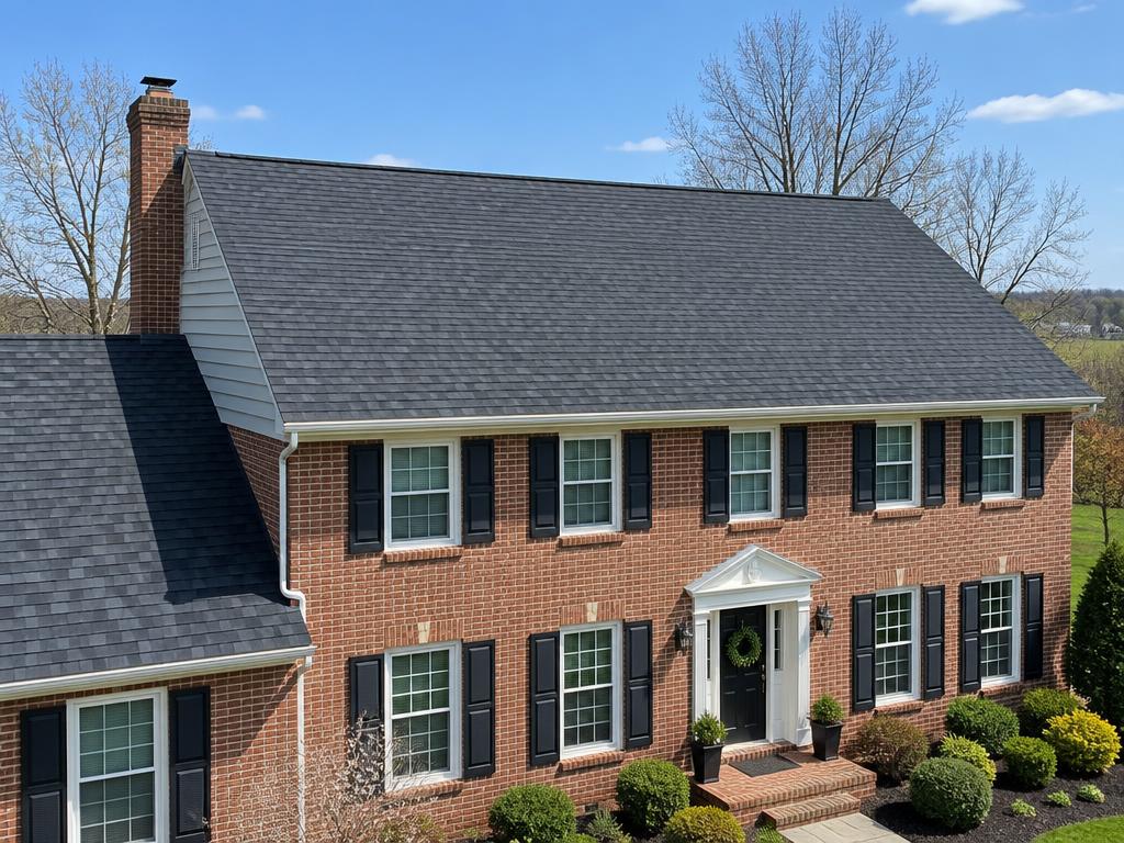 Finished gray architectural shingle roof on a brick colonial home