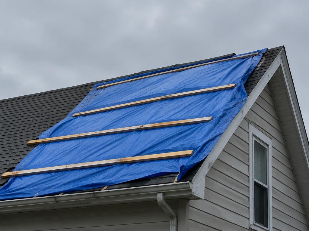Blue emergency tarp strapped over a damaged roof section